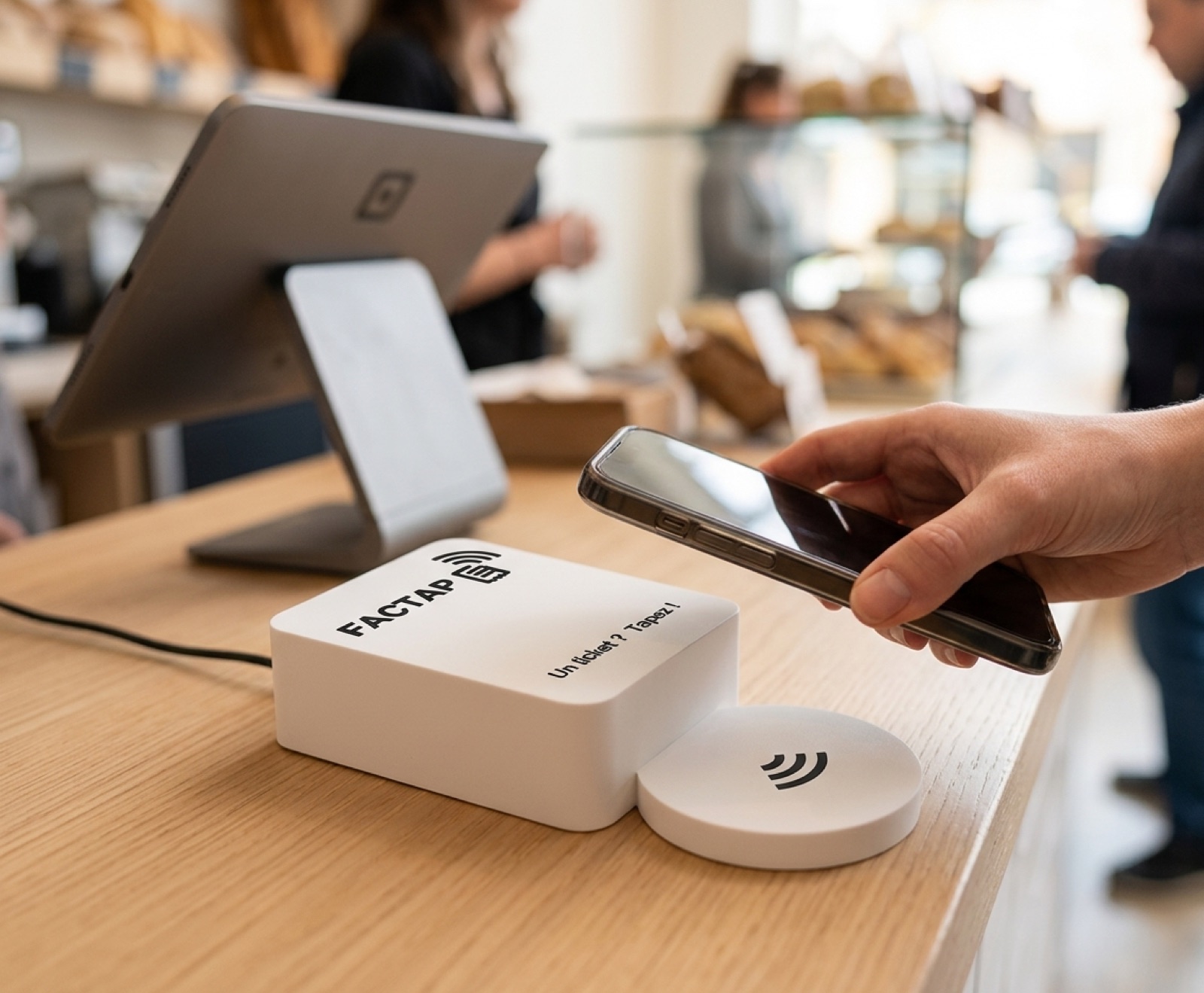 La caisse envoie le ticket au boîtier Factap, seul sur le comptoir