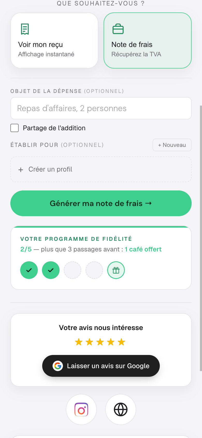 Le reçu Factap réel : objet de la dépense, partage de l'addition, bouton Générer ma note de frais