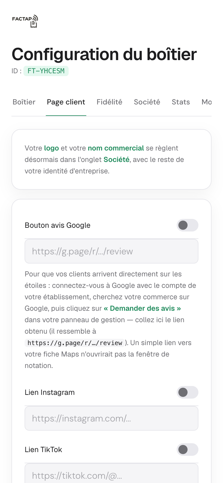 L'espace commerçant Factap réel, onglet Page client : bouton avis Google, liens Instagram et TikTok