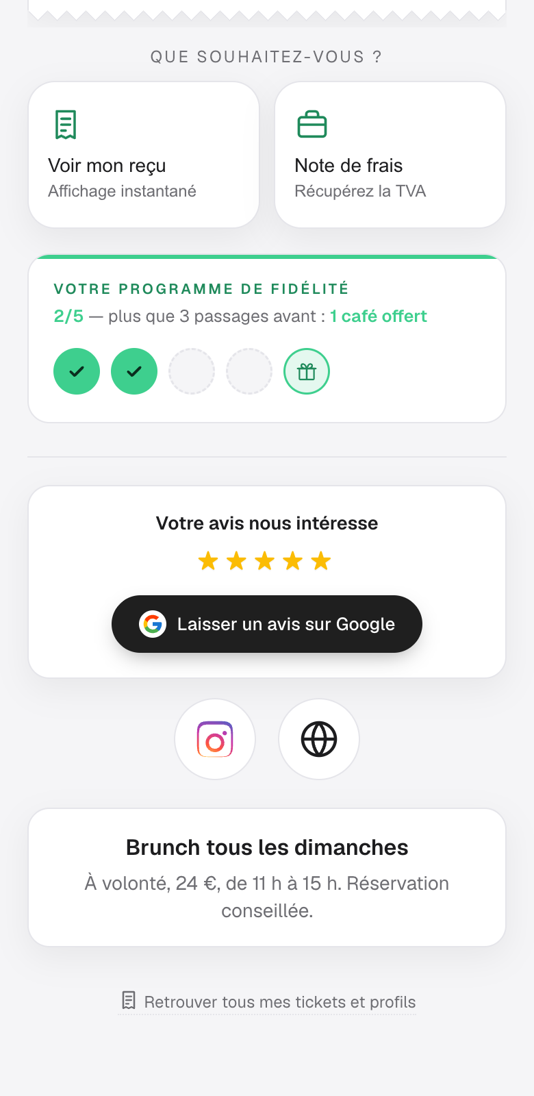 Le bas du reçu Factap réel, bloc Votre avis nous intéresse mis en lumière