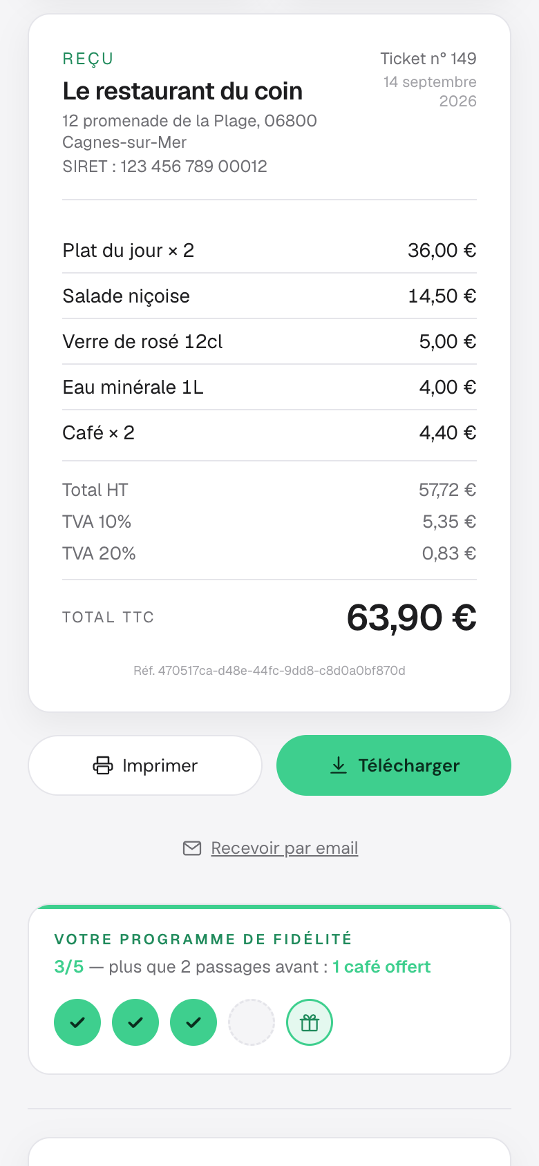 Le reçu Factap réel : lignes d'articles, total HT, TVA 10 % et 20 %, total TTC, boutons Imprimer et Télécharger