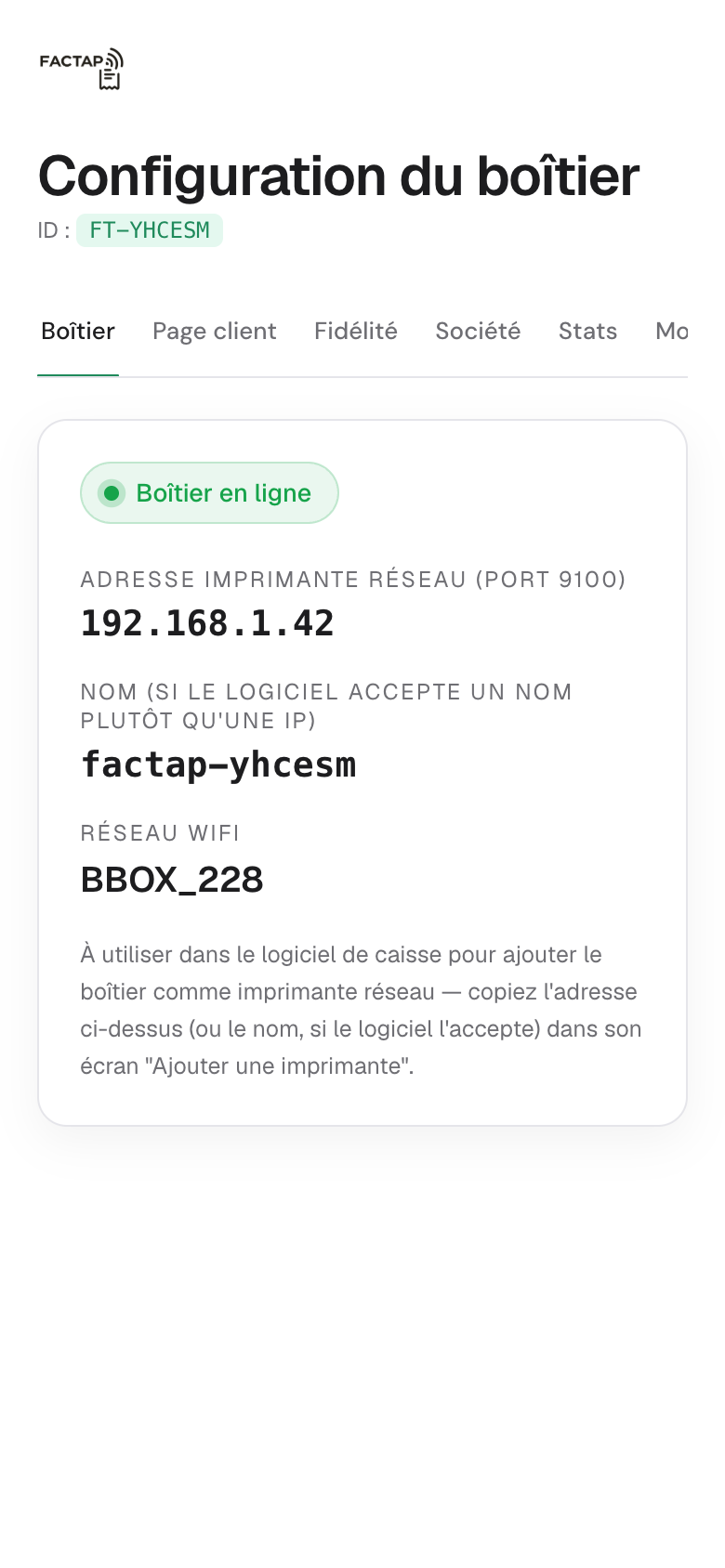 Onglet Boîtier : Boîtier en ligne, adresse imprimante réseau 192.168.1.42, nom factap-yhcesm, réseau Wi-Fi BBOX_228