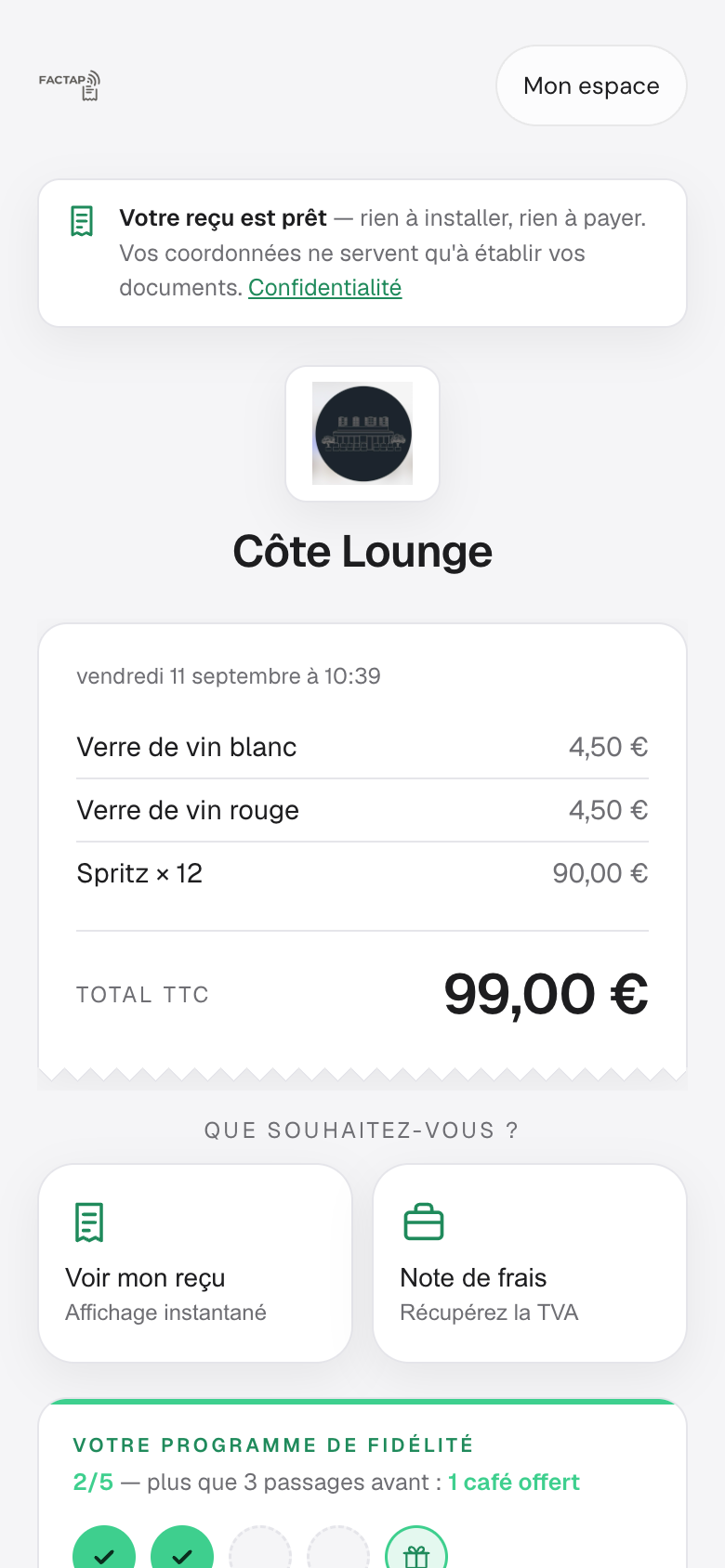 Le reçu sur le téléphone : nom du commerce, lignes du ticket, total TTC, boutons Voir mon reçu et Note de frais